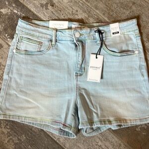 Mid rise light blue shorts with rainbow stitching!!!!